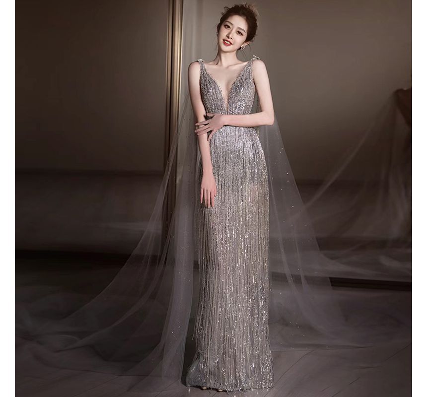 Sleeveless Sequin Sheath Evening Gown