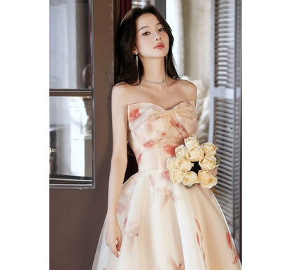 Strapless Floral Print Mesh A-Line Evening Gown