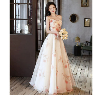 Strapless Floral Print Mesh A-Line Evening Gown