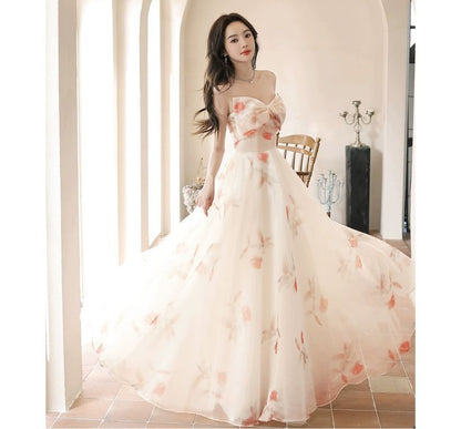 Strapless Floral Print Mesh A-Line Evening Gown