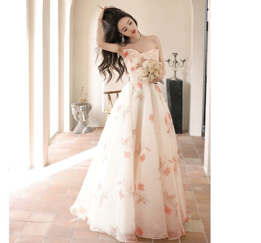 Strapless Floral Print Mesh A-Line Evening Gown