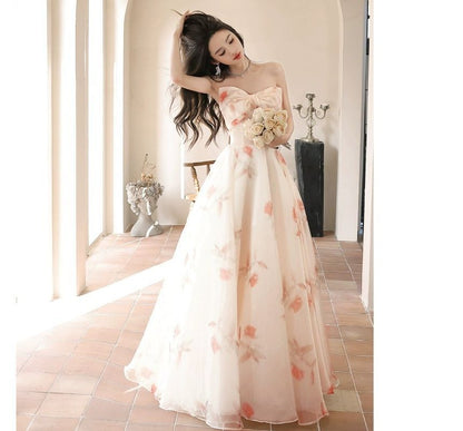 Strapless Floral Print Mesh A-Line Evening Gown