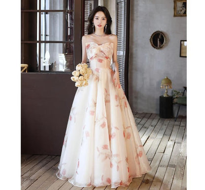 Strapless Floral Print Mesh A-Line Evening Gown