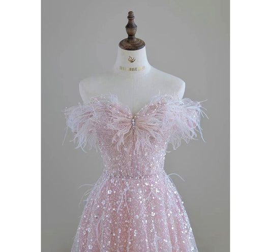 Off Shoulder Fluffy Mesh A-Line Evening Gown