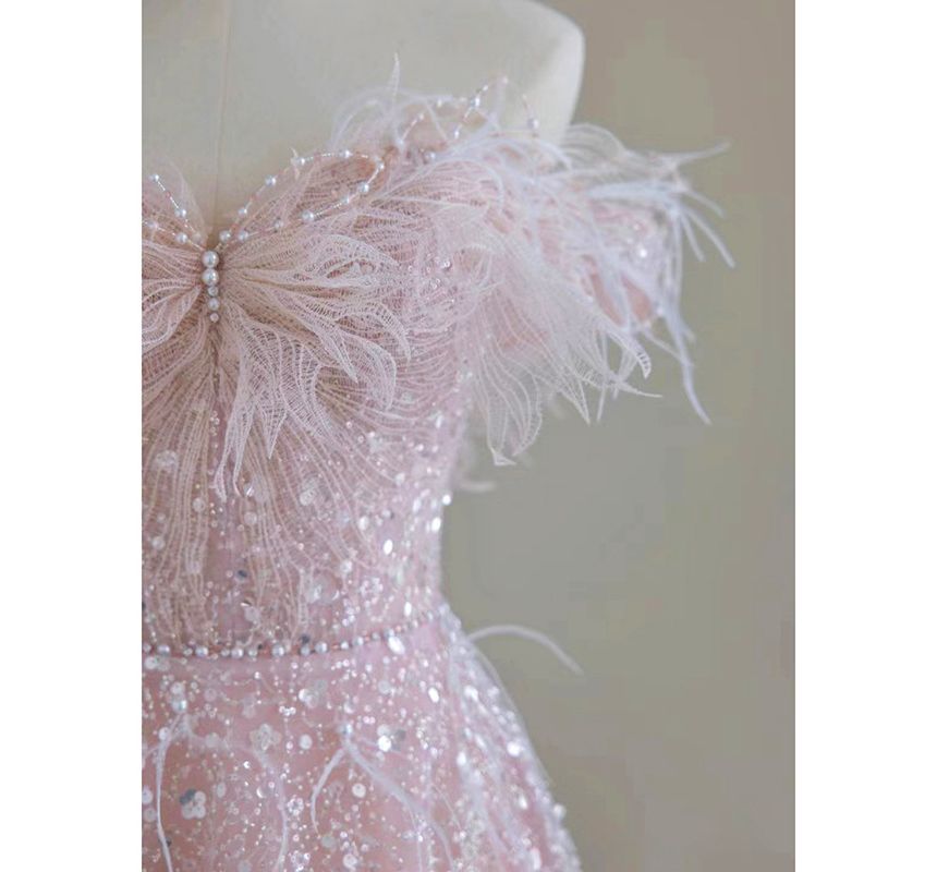 Off Shoulder Fluffy Mesh A-Line Evening Gown