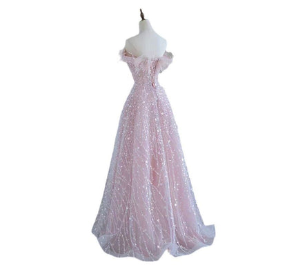 Off Shoulder Fluffy Mesh A-Line Evening Gown