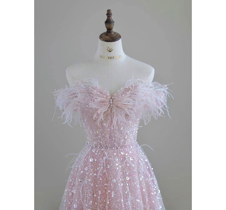 Off Shoulder Fluffy Mesh A-Line Evening Gown