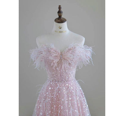 Off Shoulder Fluffy Mesh A-Line Evening Gown