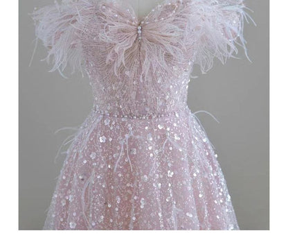 Off Shoulder Fluffy Mesh A-Line Evening Gown