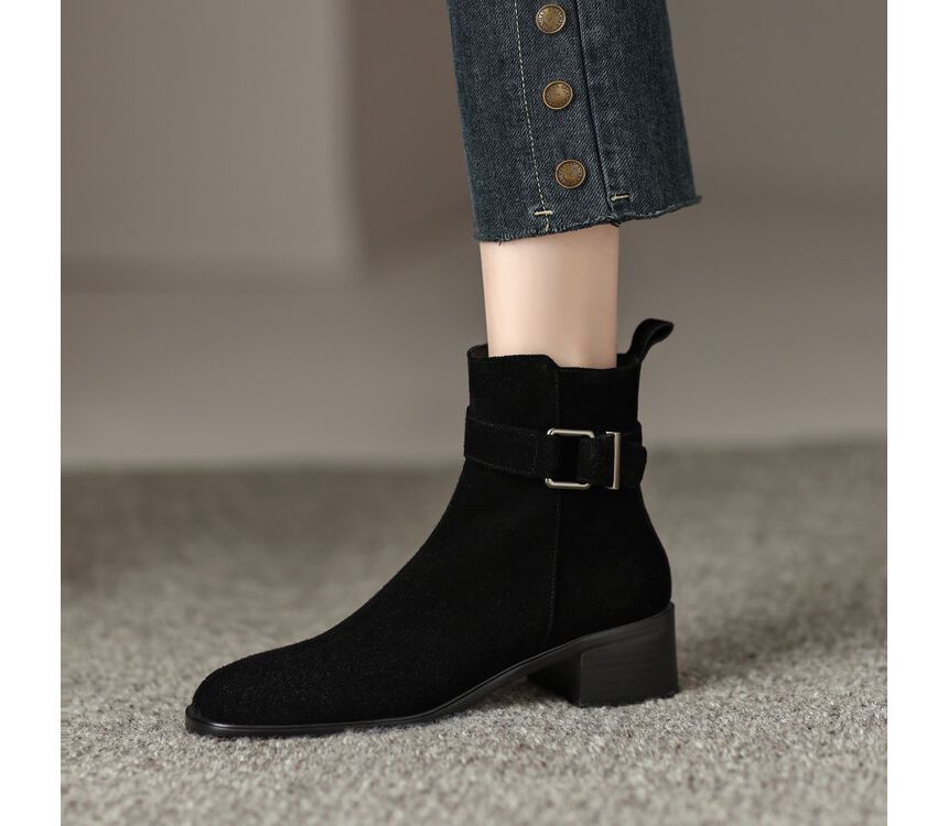 Block Heel Pointed Toe Buckled Genuine Leather Short Boots