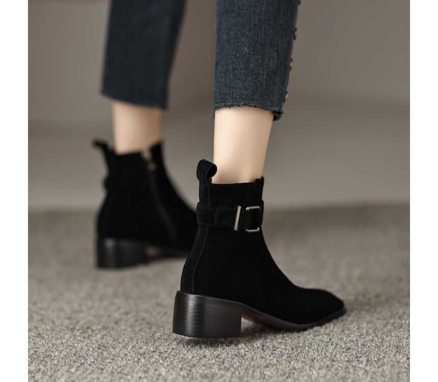 Block Heel Pointed Toe Buckled Genuine Leather Short Boots