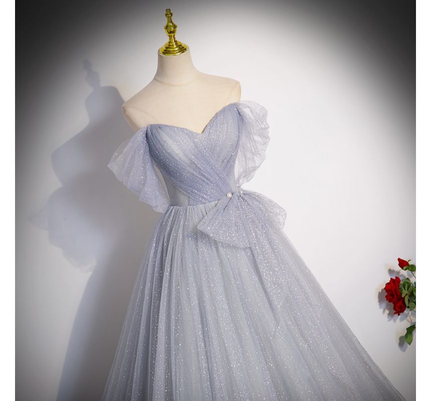 Mesh A-Line Evening Off Gown Shoulder Glitter Short-Sleeve Plain