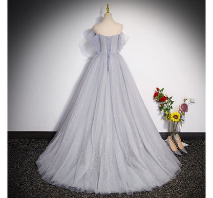 Mesh A-Line Evening Off Gown Shoulder Glitter Short-Sleeve Plain