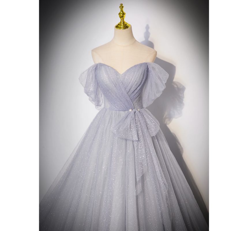 Mesh A-Line Evening Off Gown Shoulder Glitter Short-Sleeve Plain