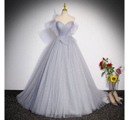 Mesh A-Line Evening Off Gown Shoulder Glitter Short-Sleeve Plain