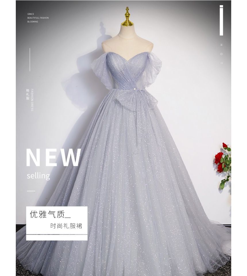 Mesh A-Line Evening Off Gown Shoulder Glitter Short-Sleeve Plain