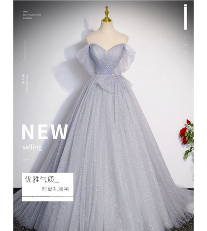 Mesh A-Line Evening Off Gown Shoulder Glitter Short-Sleeve Plain