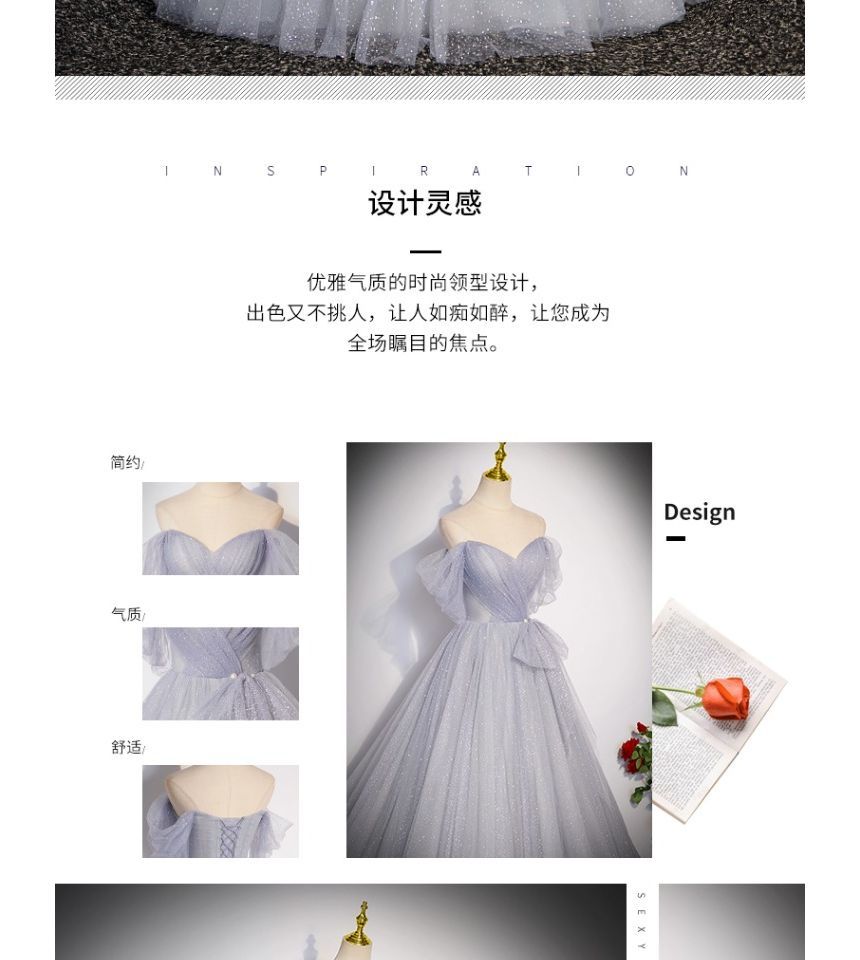 Mesh A-Line Evening Off Gown Shoulder Glitter Short-Sleeve Plain