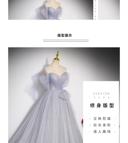 Mesh A-Line Evening Off Gown Shoulder Glitter Short-Sleeve Plain