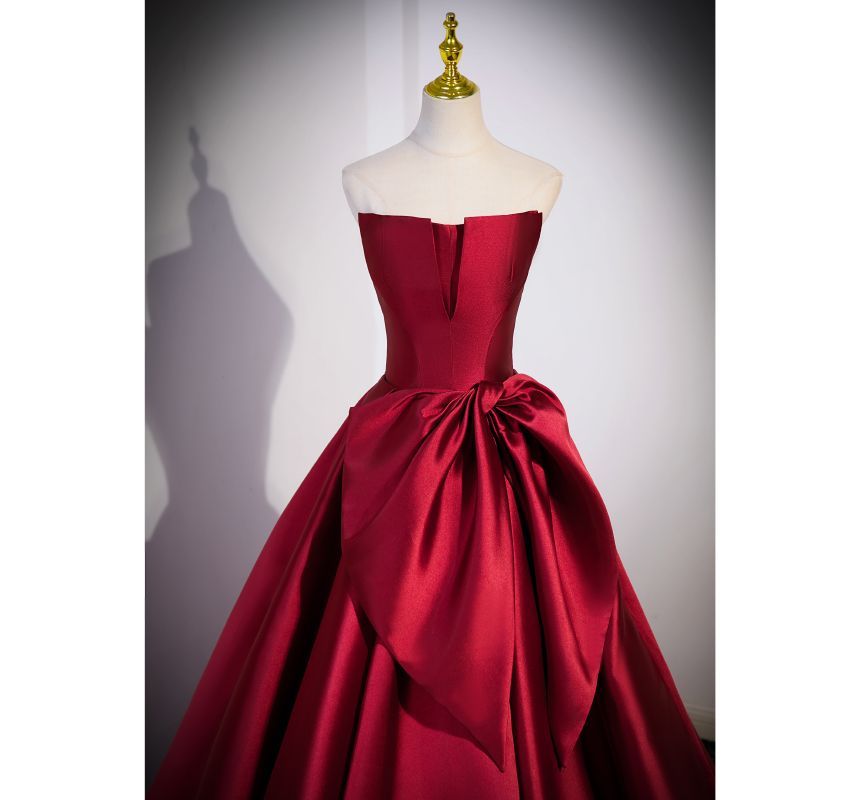 Plain Bow Satin A-Line Tube Evening Gown