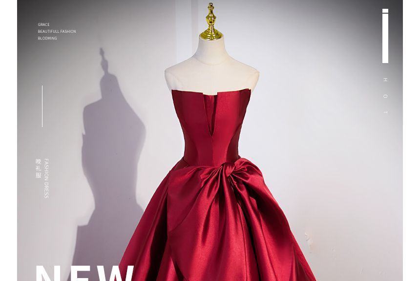 Plain Bow Satin A-Line Tube Evening Gown