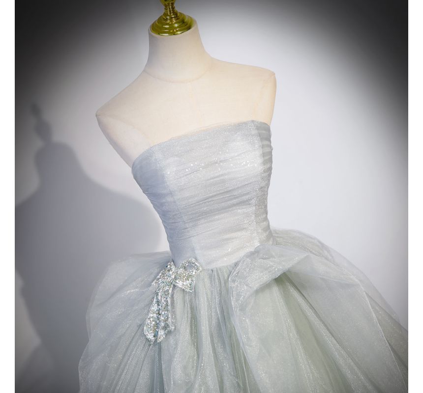 Gown Evening A-Line Mesh Tube Bow Plain Ruched