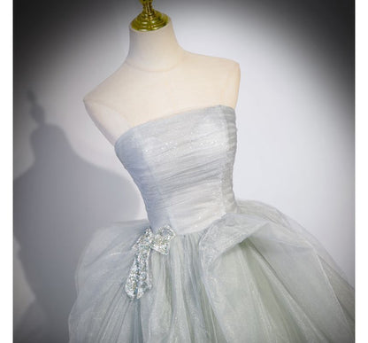 Gown Evening A-Line Mesh Tube Bow Plain Ruched