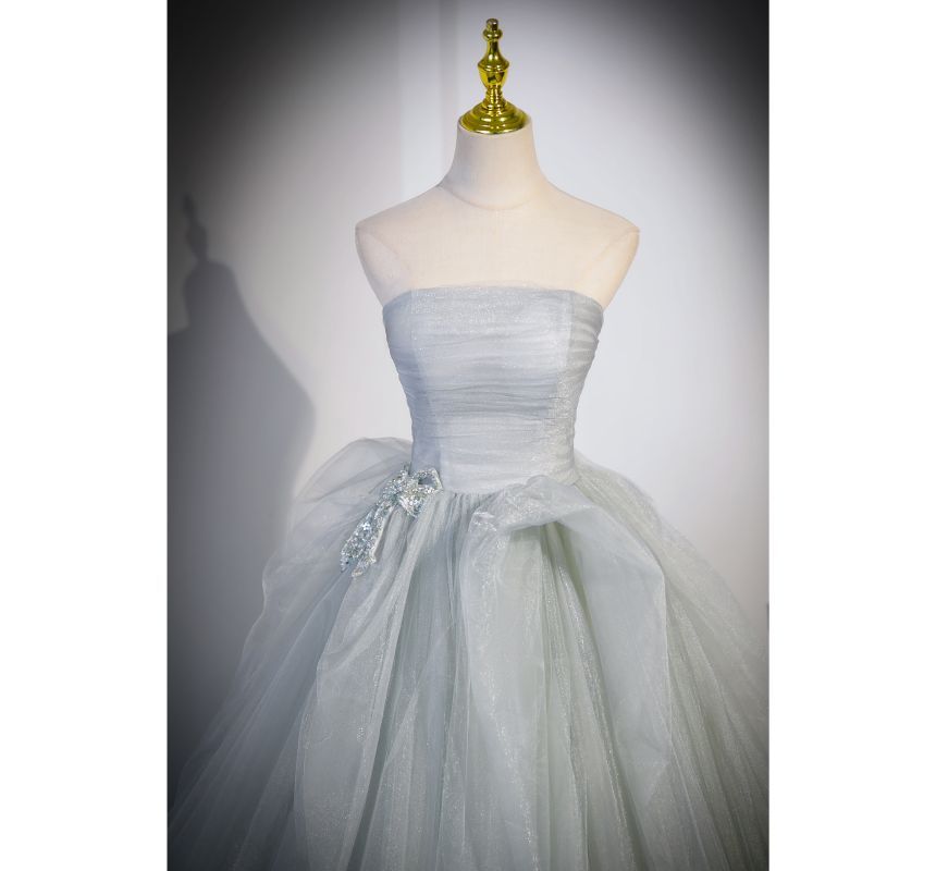 Gown Evening A-Line Mesh Tube Bow Plain Ruched