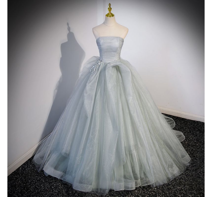 Gown Evening A-Line Mesh Tube Bow Plain Ruched