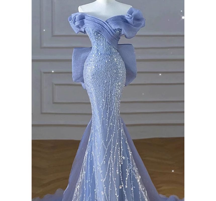 Sequin Short-Sleeve Evening Bow Gown Ruched Panel Shoulder Off Mermaid