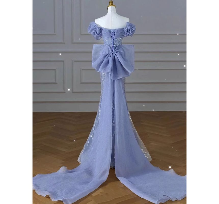Sequin Short-Sleeve Evening Bow Gown Ruched Panel Shoulder Off Mermaid