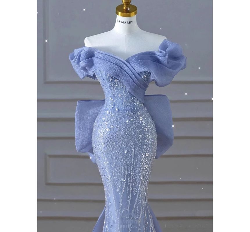 Sequin Short-Sleeve Evening Bow Gown Ruched Panel Shoulder Off Mermaid