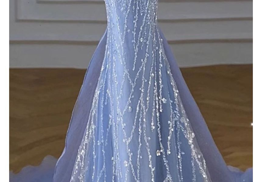 Sequin Short-Sleeve Evening Bow Gown Ruched Panel Shoulder Off Mermaid