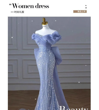 Sequin Short-Sleeve Evening Bow Gown Ruched Panel Shoulder Off Mermaid