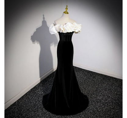 Tone Shoulder Velvet Off Evening Short-Sleeve Two Mermaid Gown Ruffle