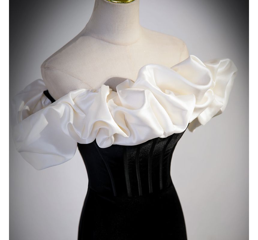 Tone Shoulder Velvet Off Evening Short-Sleeve Two Mermaid Gown Ruffle
