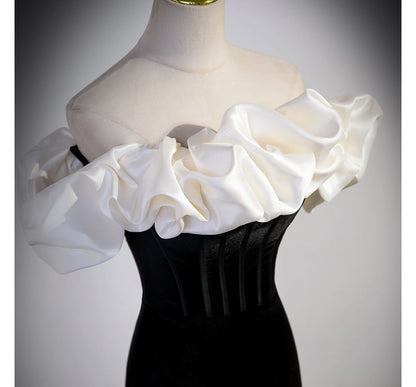 Tone Shoulder Velvet Off Evening Short-Sleeve Two Mermaid Gown Ruffle