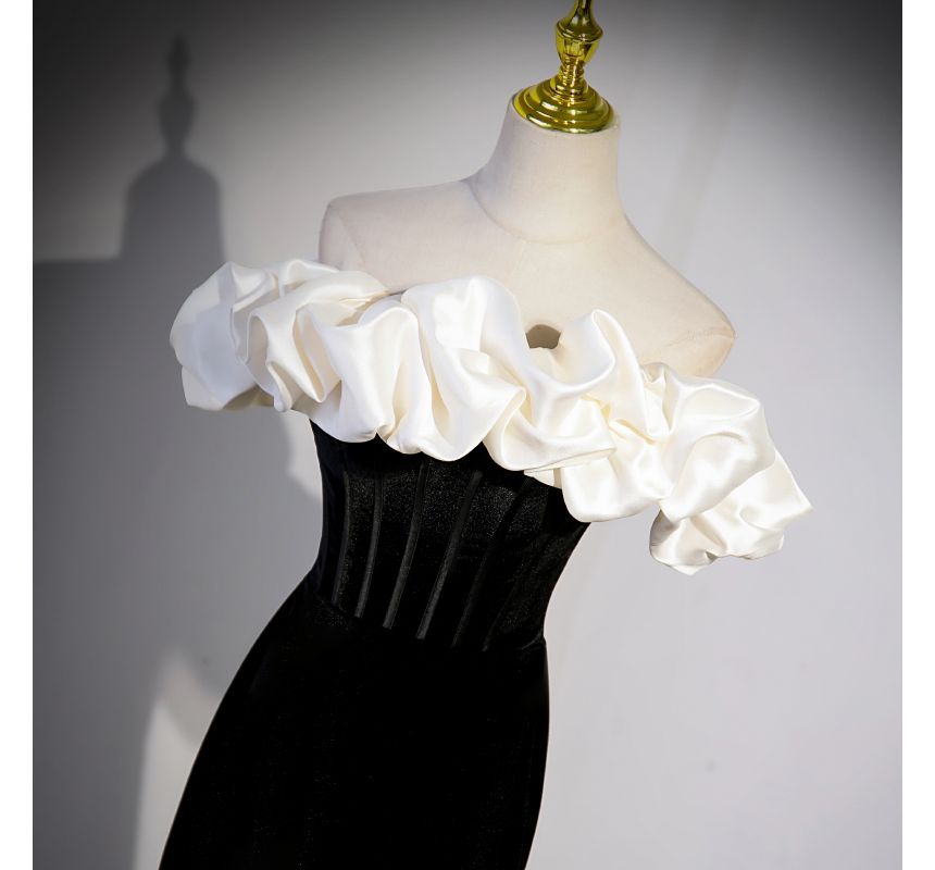 Tone Shoulder Velvet Off Evening Short-Sleeve Two Mermaid Gown Ruffle