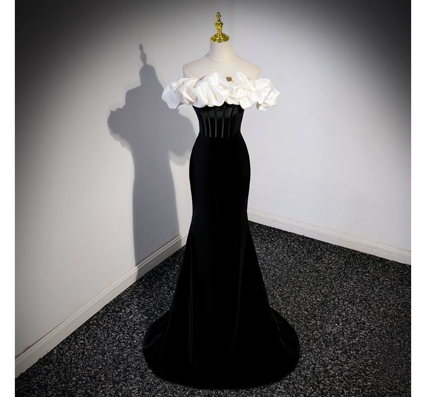 Tone Shoulder Velvet Off Evening Short-Sleeve Two Mermaid Gown Ruffle