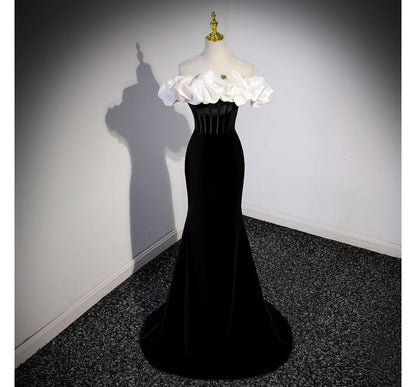 Tone Shoulder Velvet Off Evening Short-Sleeve Two Mermaid Gown Ruffle