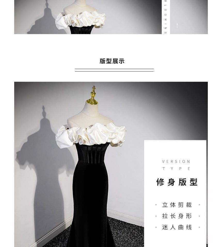 Tone Shoulder Velvet Off Evening Short-Sleeve Two Mermaid Gown Ruffle