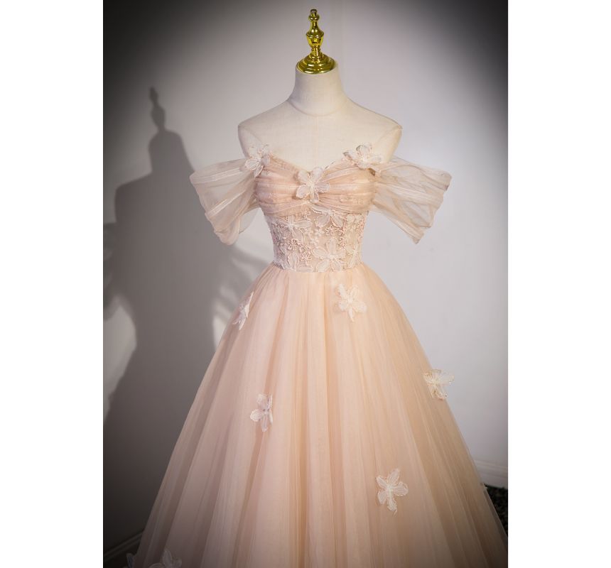 Patterned Shoulder Floral A-Line Panel Gown Short-Sleeve Off Mesh Evening