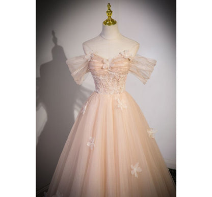 Short-Sleeve Off Shoulder Floral Patterned Panel Mesh A-Line Evening Gown