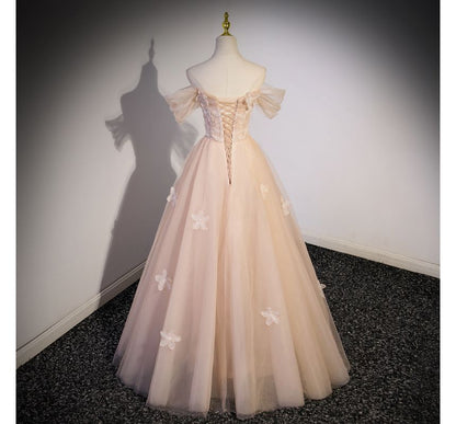 Patterned Shoulder Floral A-Line Panel Gown Short-Sleeve Off Mesh Evening