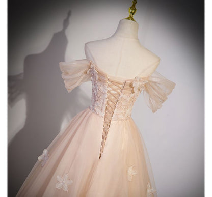 Short-Sleeve Off Shoulder Floral Patterned Panel Mesh A-Line Evening Gown