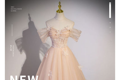 Short-Sleeve Off Shoulder Floral Patterned Panel Mesh A-Line Evening Gown