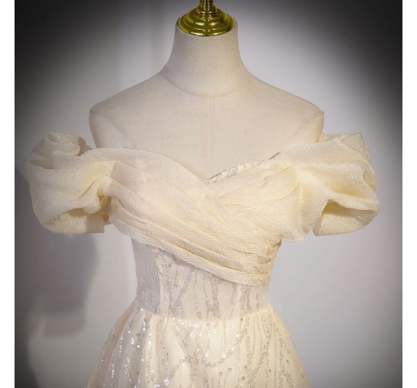 Shoulder Off Ruched Evening A-Line Short-Sleeve Plain Gown Sequin Mesh