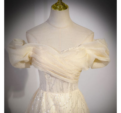 Shoulder Off Ruched Evening A-Line Short-Sleeve Plain Gown Sequin Mesh