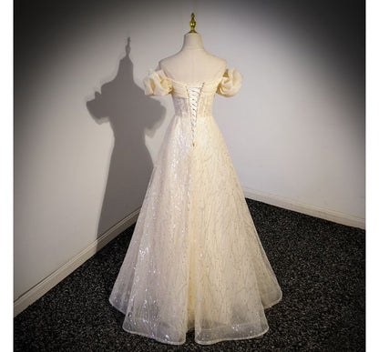 Shoulder Off Ruched Evening A-Line Short-Sleeve Plain Gown Sequin Mesh