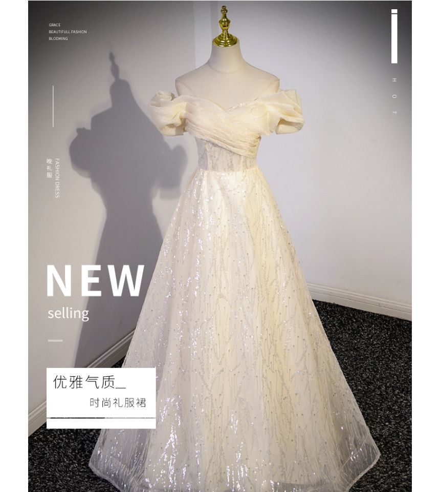 Shoulder Off Ruched Evening A-Line Short-Sleeve Plain Gown Sequin Mesh